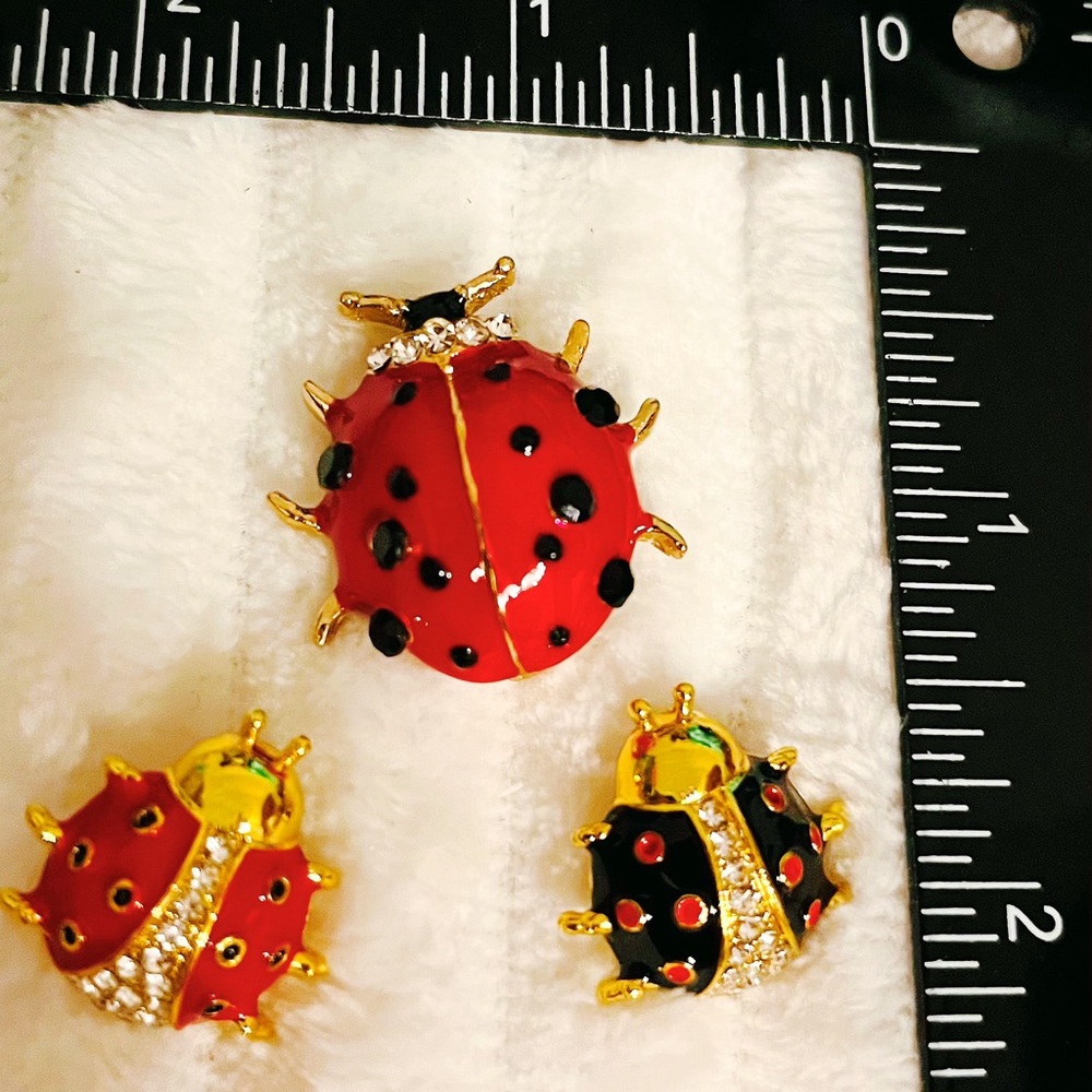 Set of 3 Ladybug Brooch Pins – Rhinestone & Enamel Beetle Insect Jewelry